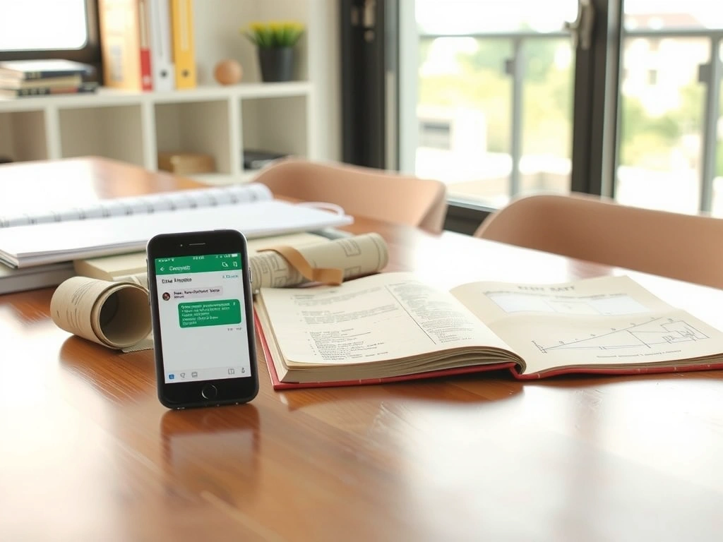 Escritorio con teléfono y planos para atención al cliente